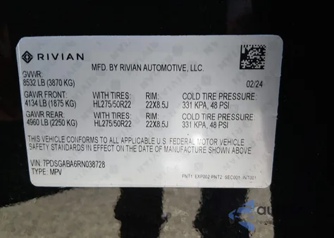 2024 Rivian R1S Adventure Quad Motor Large Pack from USA, damaged, VIN 7PDSGABA6RN038728